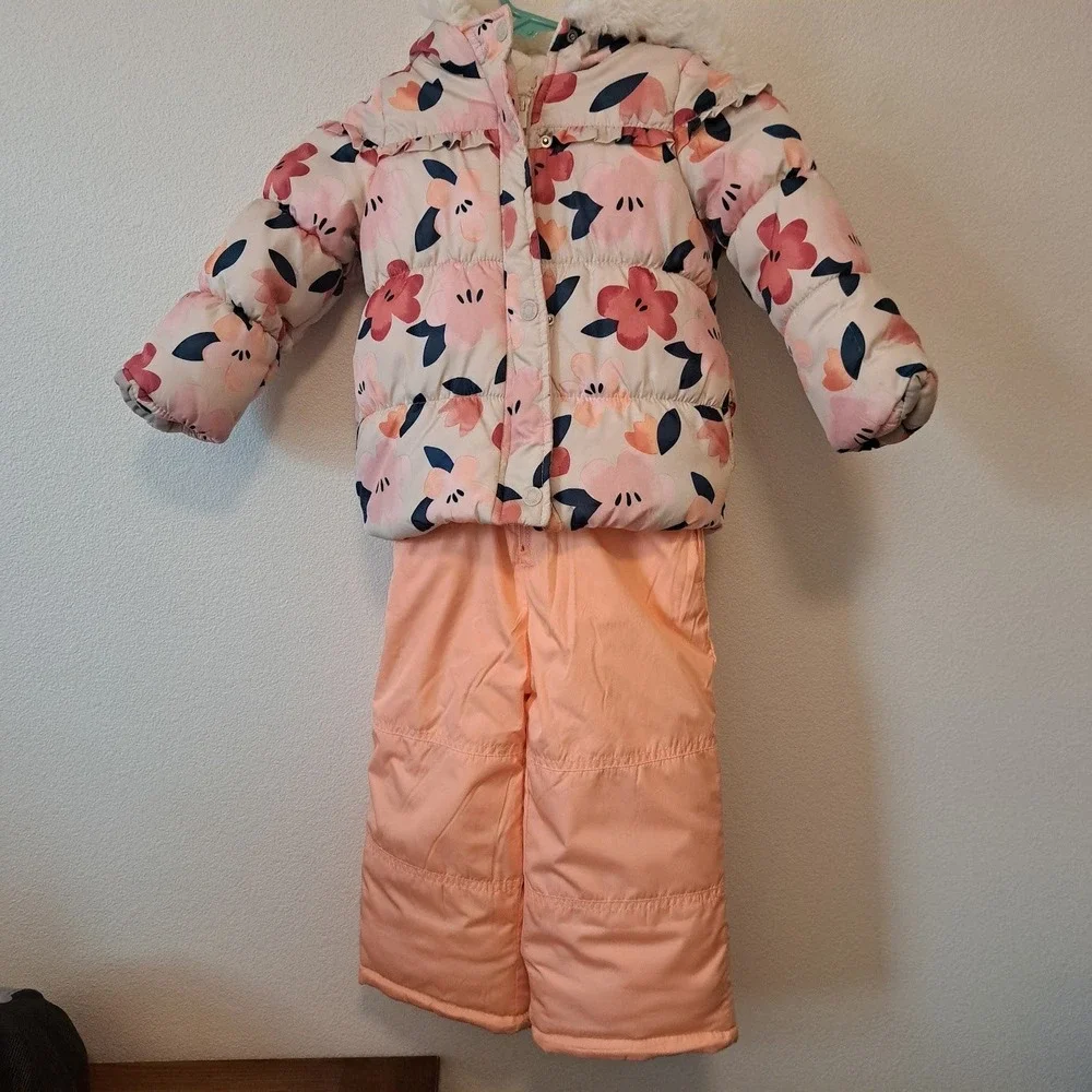 Carters Girls 4T Floral Puffer Jacket and Peach Snow Bibs 2 Piece Snowsuit Set